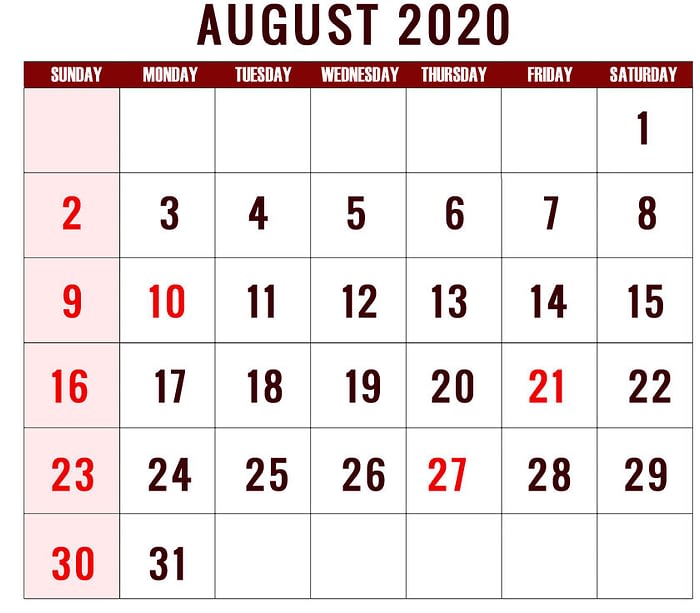 August 2020 calendar with holidays USA