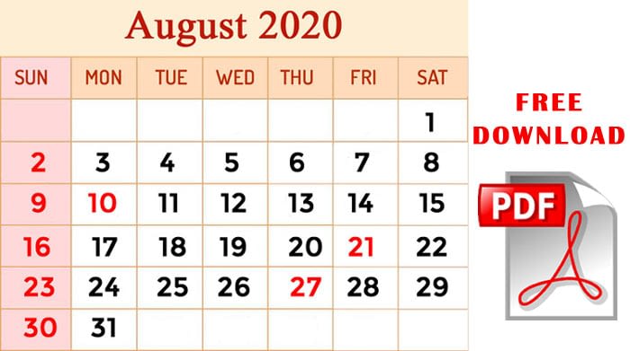 August 2020 calendar pdf