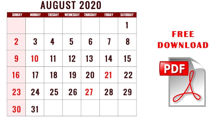 August 2020 calendar pdf download cute blank