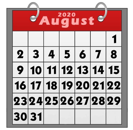 Printable August 2020 calendar clipart